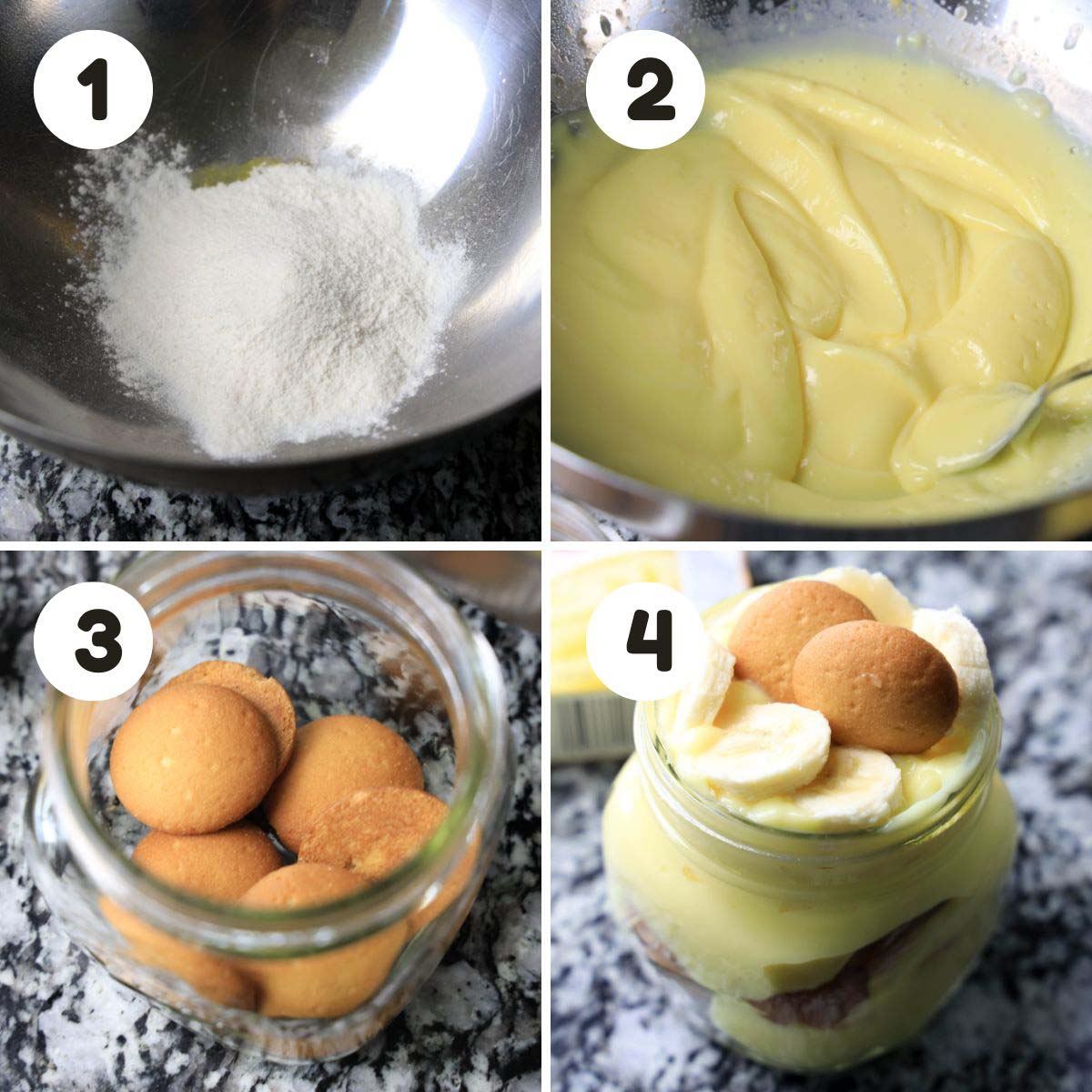 four image process making banana pudding jars.