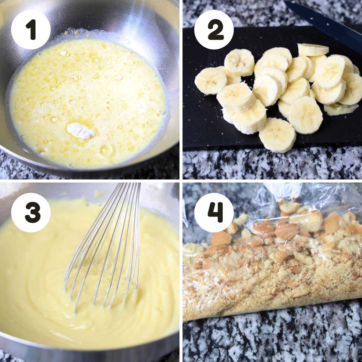 four image process making banana pudding popsicles.