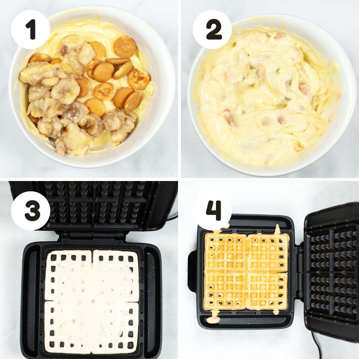 four image process making banana pudding tacos.