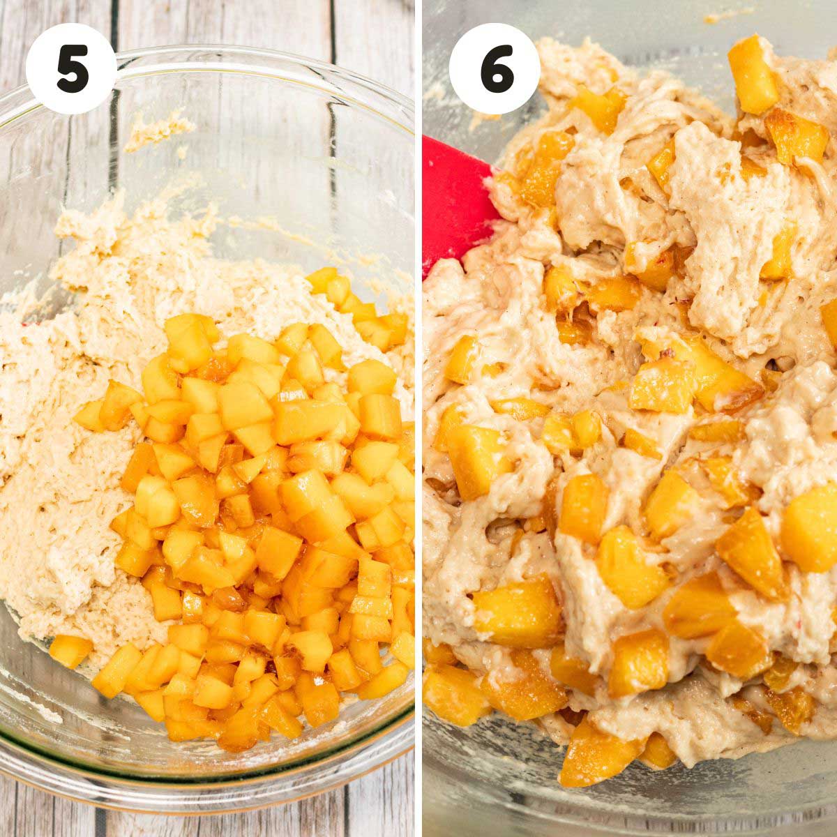 two image process making peach streusel bread.