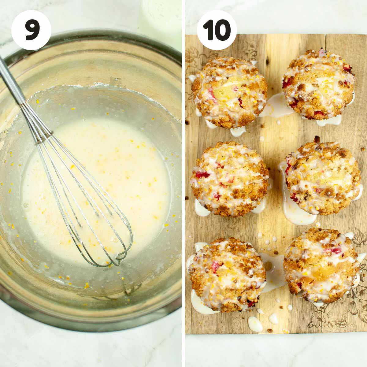 two image process making orange cranberry muffins.