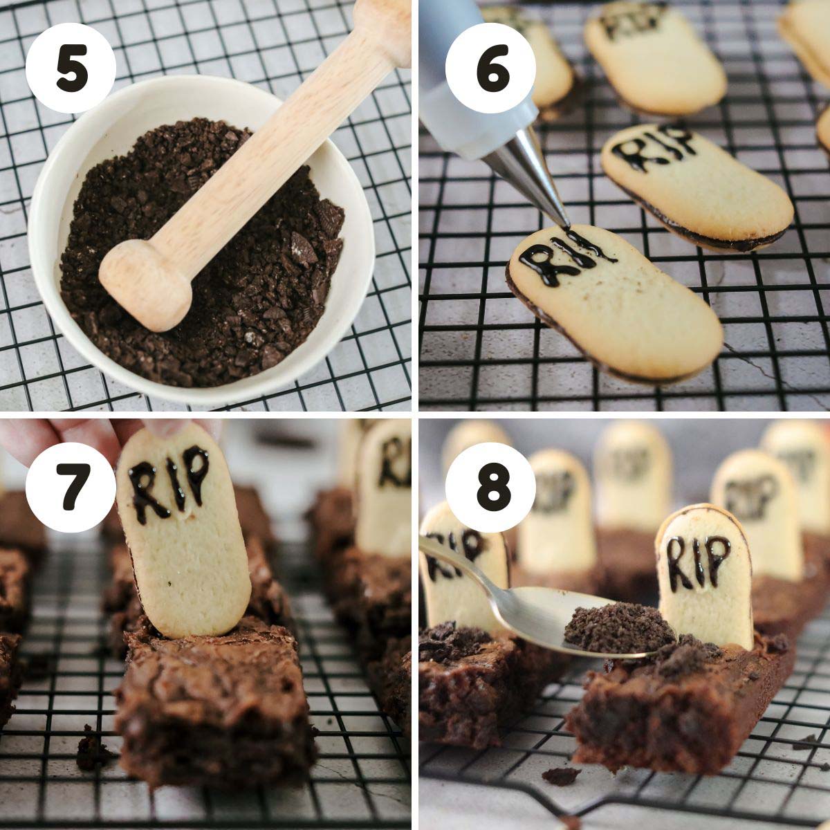 four image process making Halloween graveyard brownies