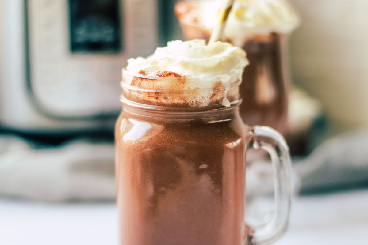 close up view of hot chocolate in a jar.