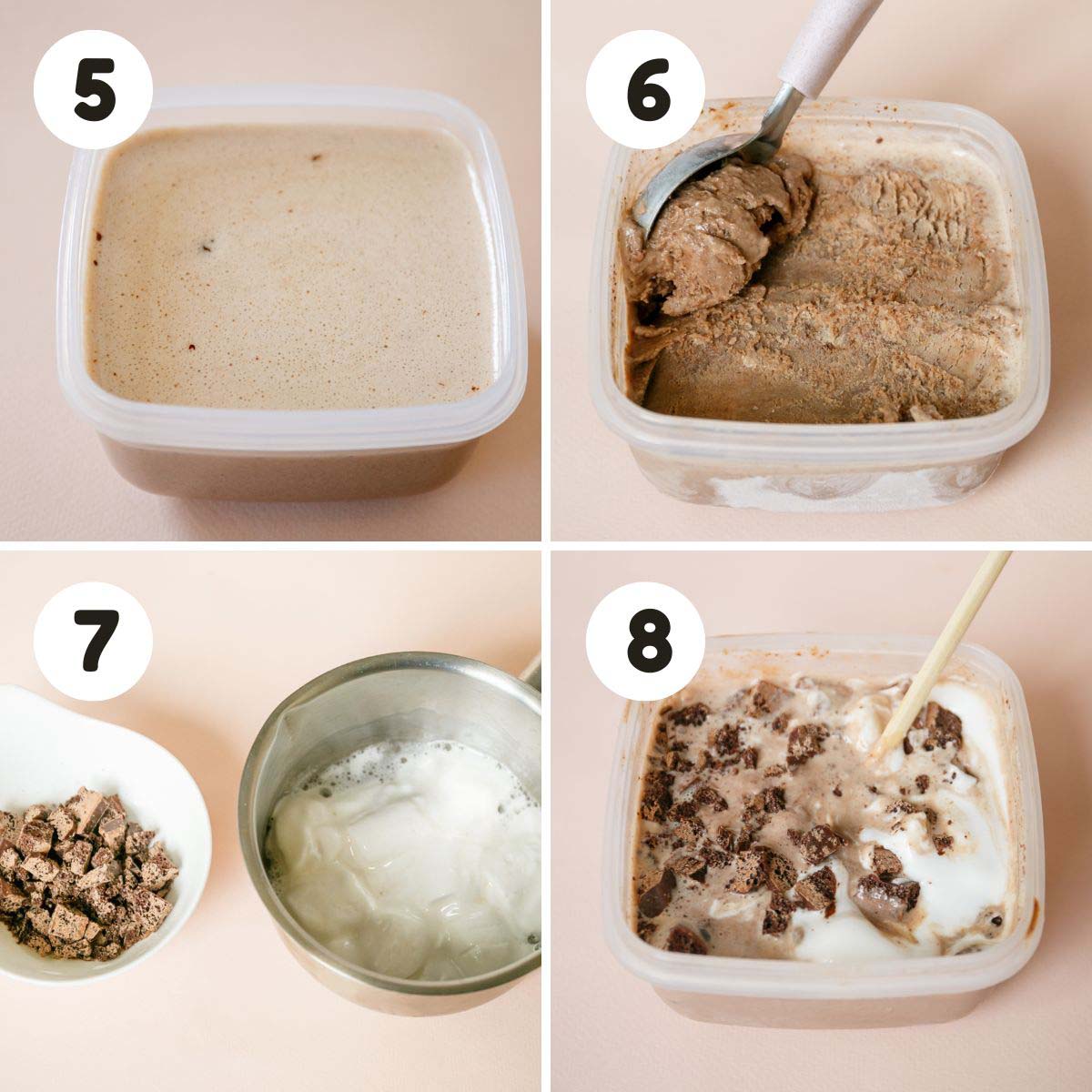 four image process making marshmallow chocolate ice cream.