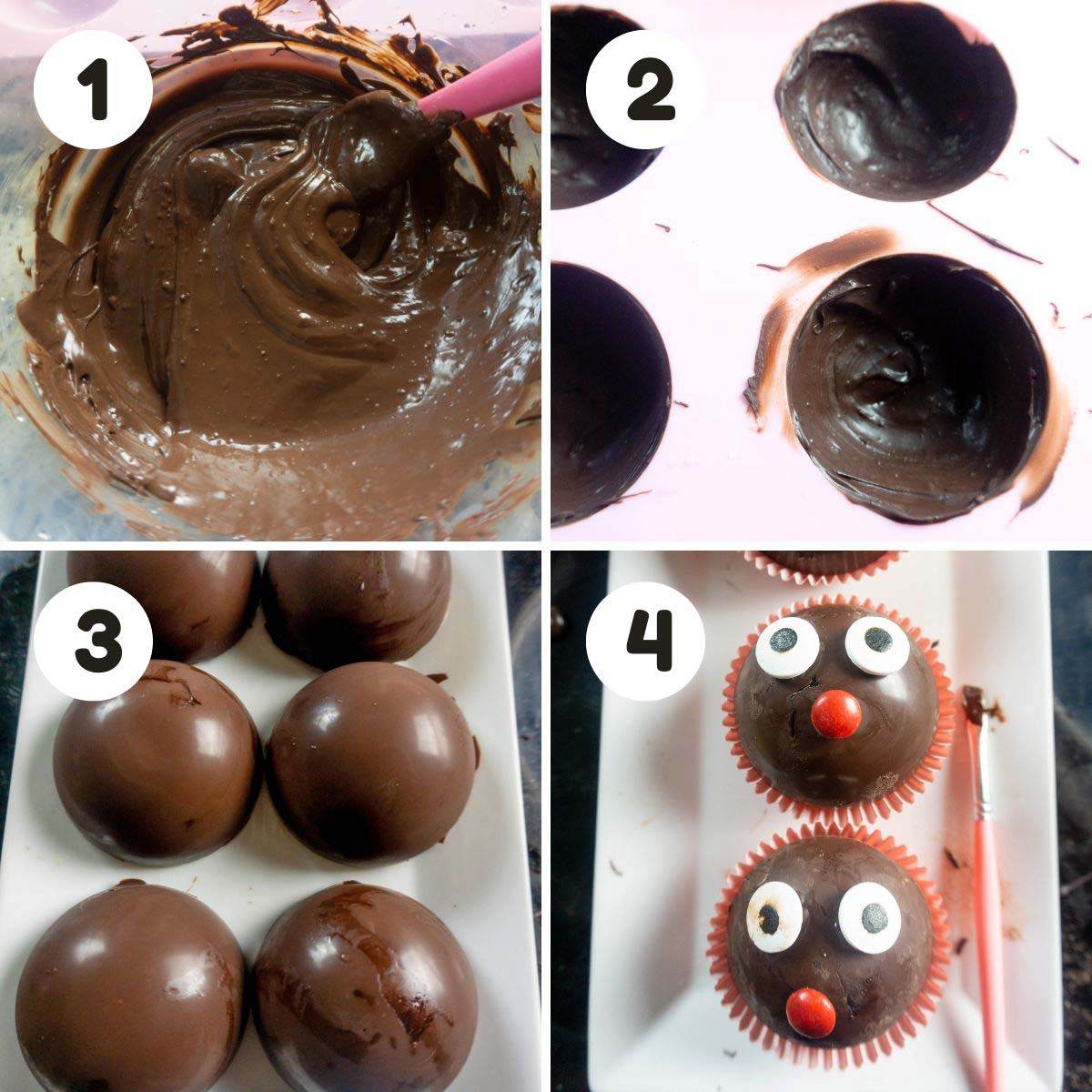 four image process making reindeer hot chocolate bombs.