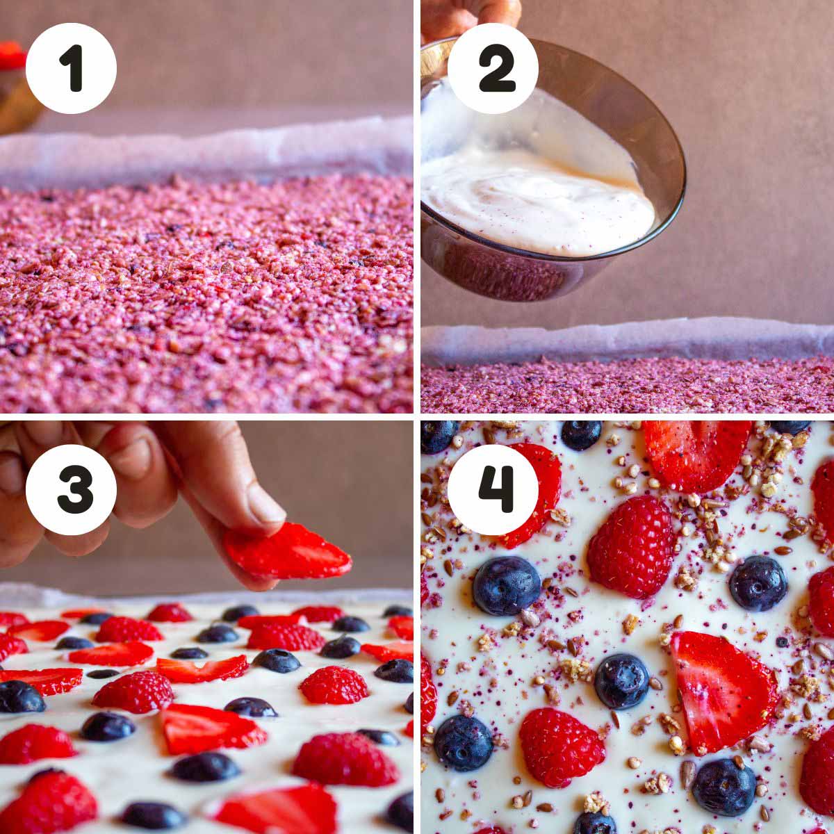 four image process making yogurt granola bars with berries.