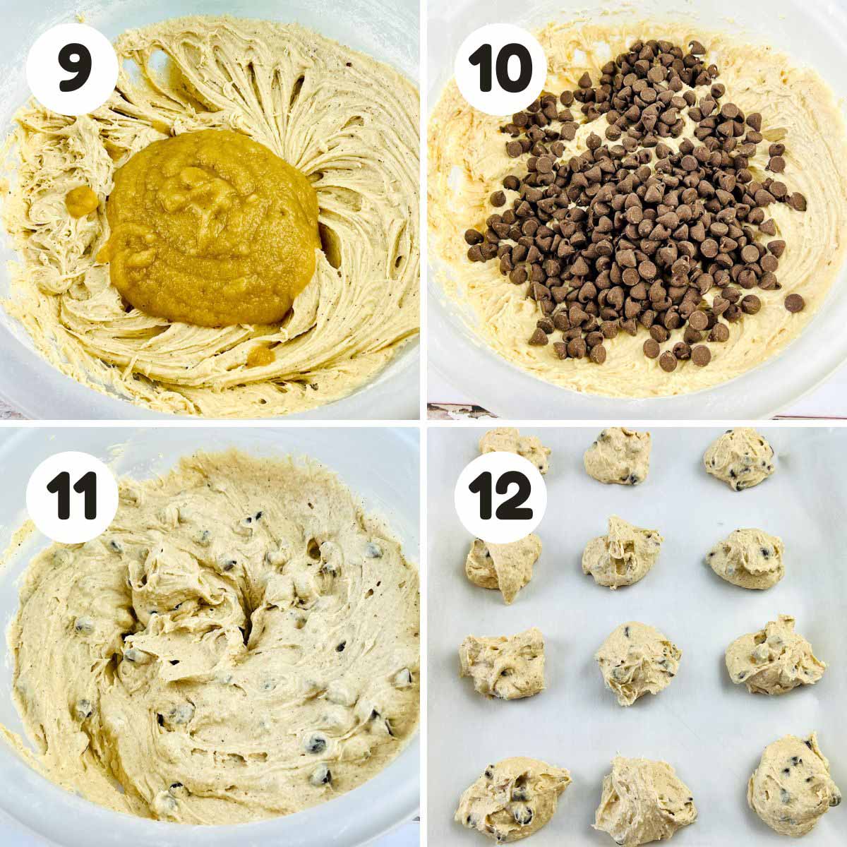 four image process making chocolate chip spice cookies.