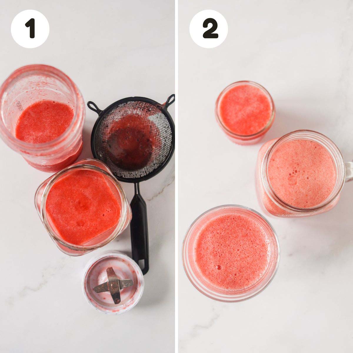 two image process making aguas frescas de fresa.