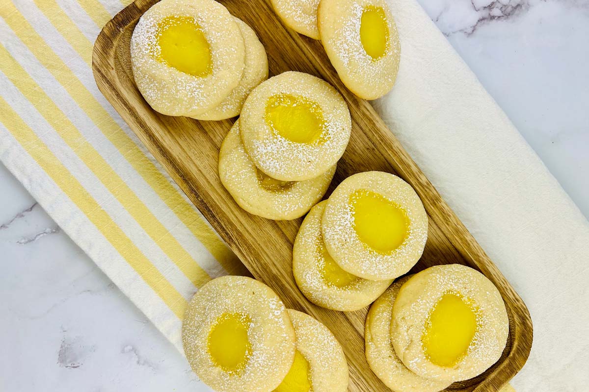 top view of lemon cookies on a platter.